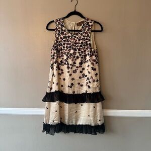 Floral Sleeveless Dress with Black Ruffle Trim